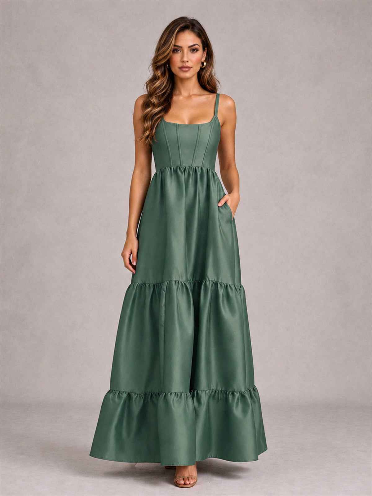 Square Neck A-Line Spaghetti Straps Satin Sleeveless Floor-Length Wedding Guest Dress