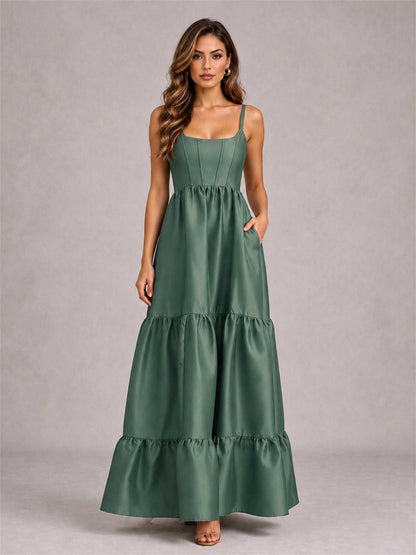 Square Neck A-Line Spaghetti Straps Satin Sleeveless Floor-Length Wedding Guest Dress