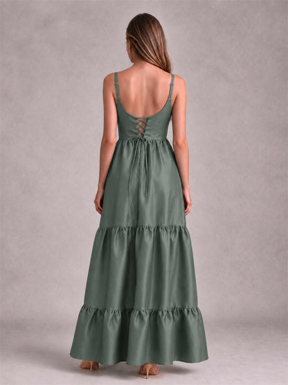 Square Neck A-Line Spaghetti Straps Satin Sleeveless Floor-Length Wedding Guest Dress