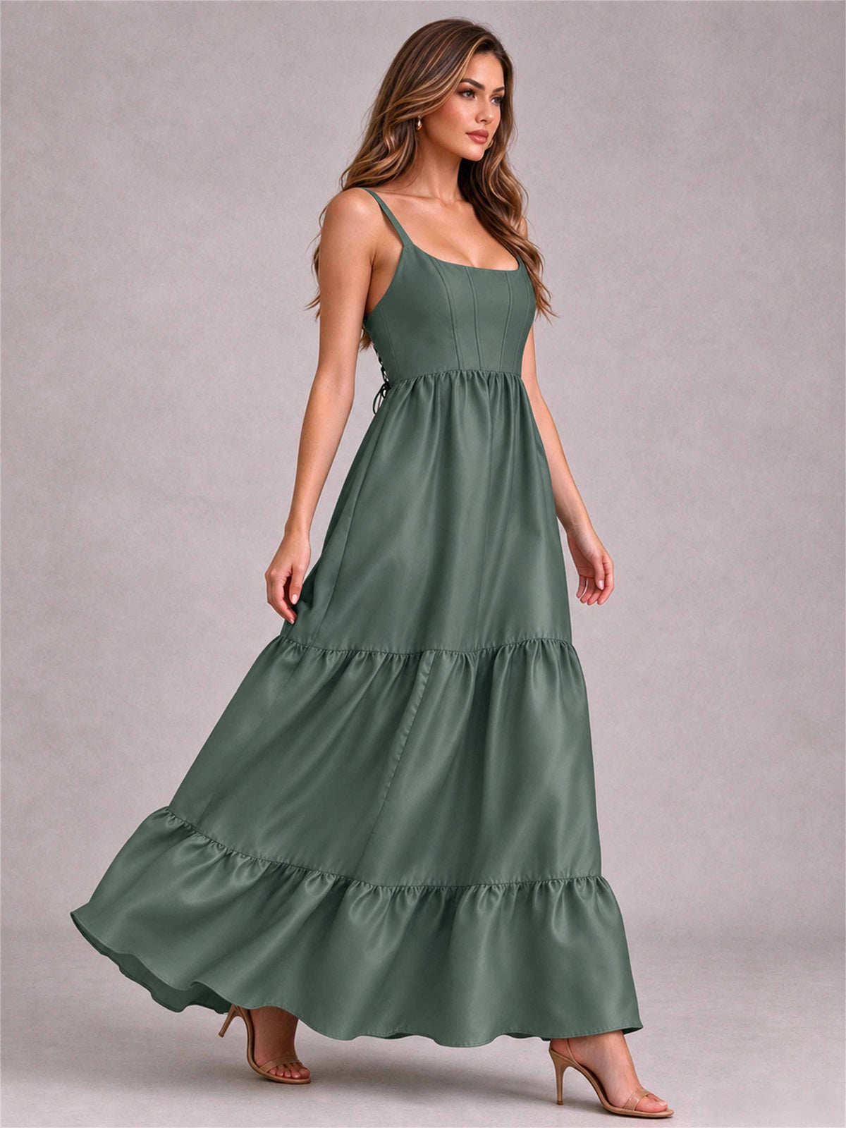 Square Neck A-Line Spaghetti Straps Satin Sleeveless Floor-Length Wedding Guest Dress