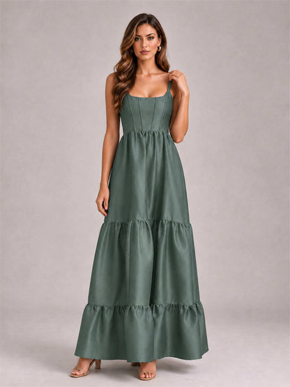 Square Neck A-Line Spaghetti Straps Satin Sleeveless Floor-Length Wedding Guest Dress