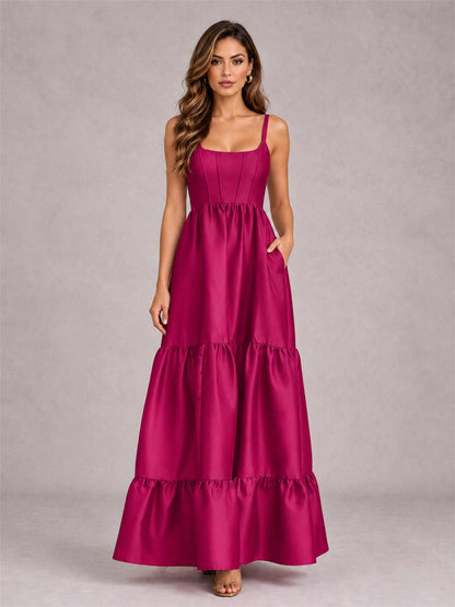 Square Neck A-Line Spaghetti Straps Satin Sleeveless Floor-Length Wedding Guest Dress