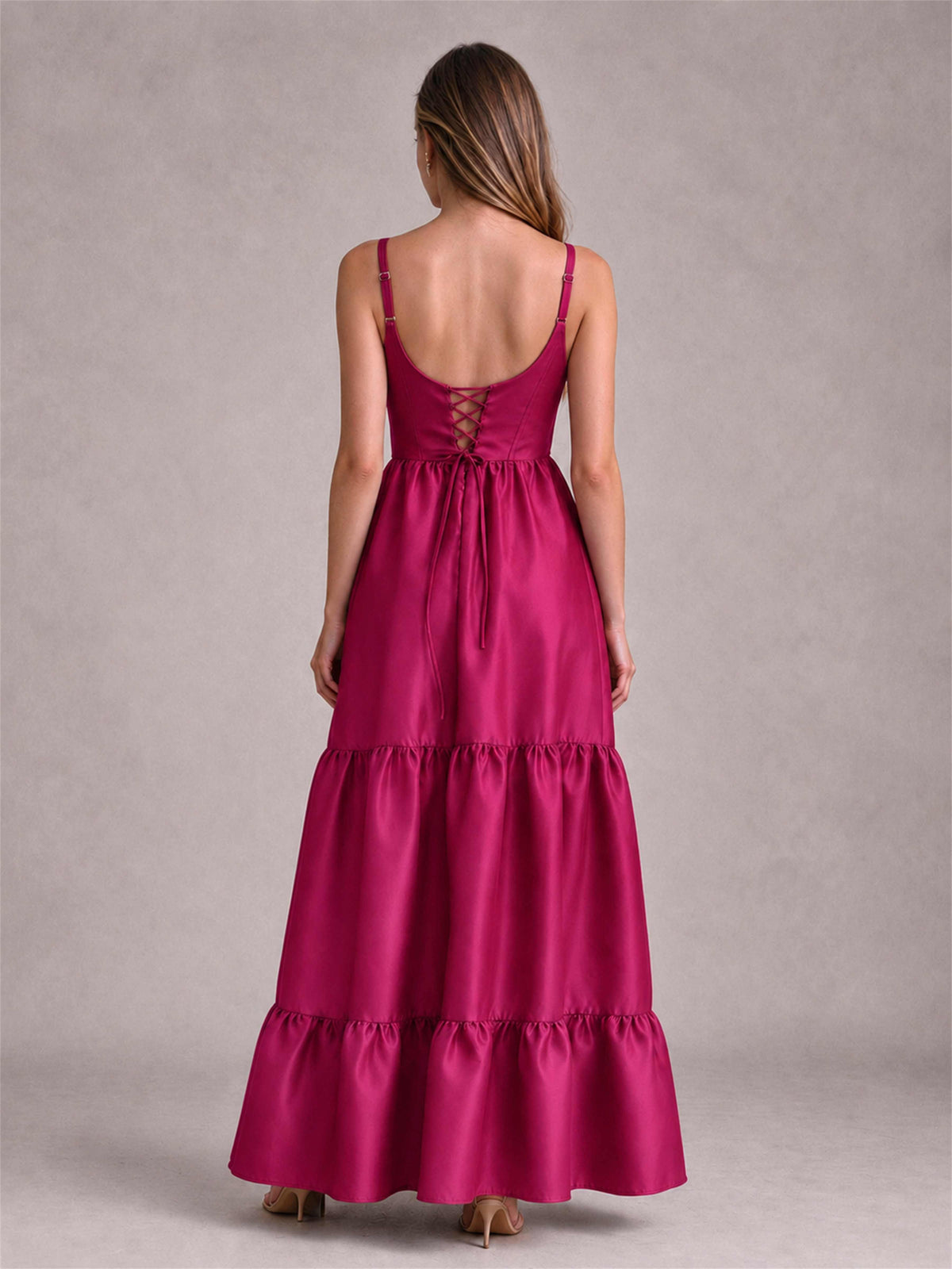 Square Neck A-Line Spaghetti Straps Satin Sleeveless Floor-Length Wedding Guest Dress