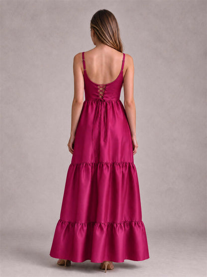 Square Neck A-Line Spaghetti Straps Satin Sleeveless Floor-Length Wedding Guest Dress