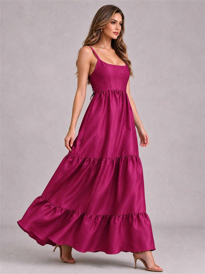 Square Neck A-Line Spaghetti Straps Satin Sleeveless Floor-Length Wedding Guest Dress