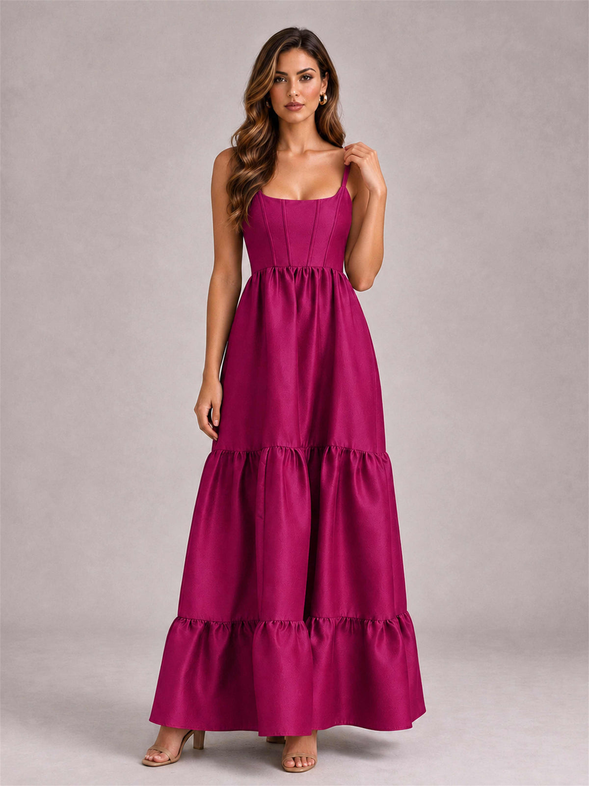 Square Neck A-Line Spaghetti Straps Satin Sleeveless Floor-Length Wedding Guest Dress