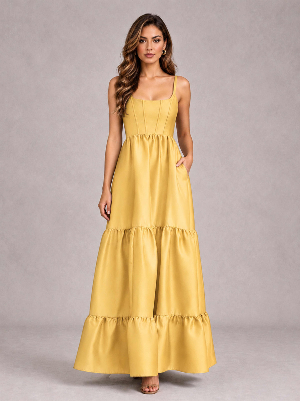 Square Neck A-Line Spaghetti Straps Satin Sleeveless Floor-Length Wedding Guest Dress
