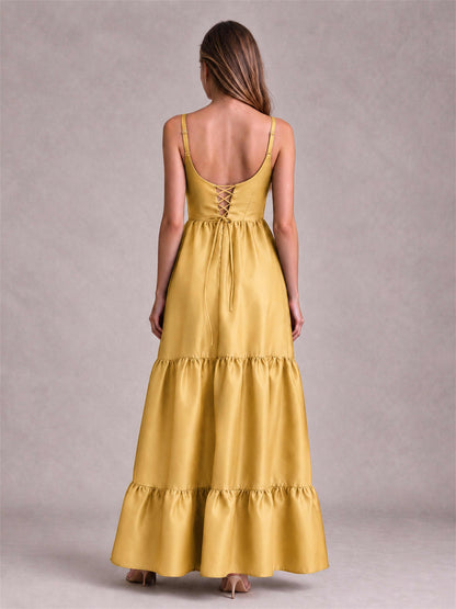 Square Neck A-Line Spaghetti Straps Satin Sleeveless Floor-Length Wedding Guest Dress