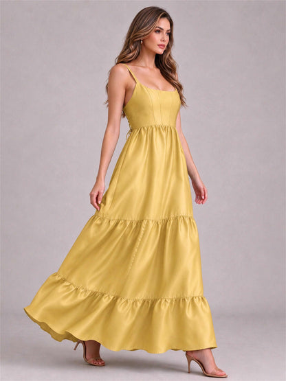 Square Neck A-Line Spaghetti Straps Satin Sleeveless Floor-Length Wedding Guest Dress