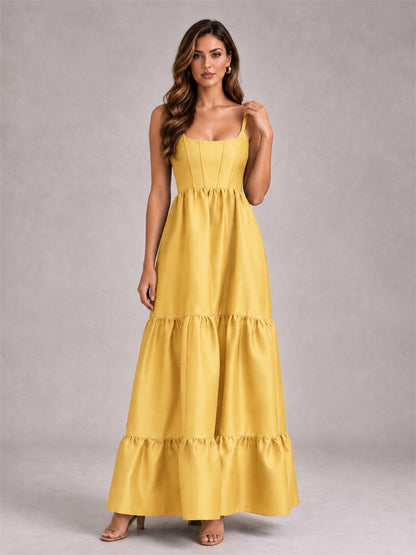 Square Neck A-Line Spaghetti Straps Satin Sleeveless Floor-Length Wedding Guest Dress