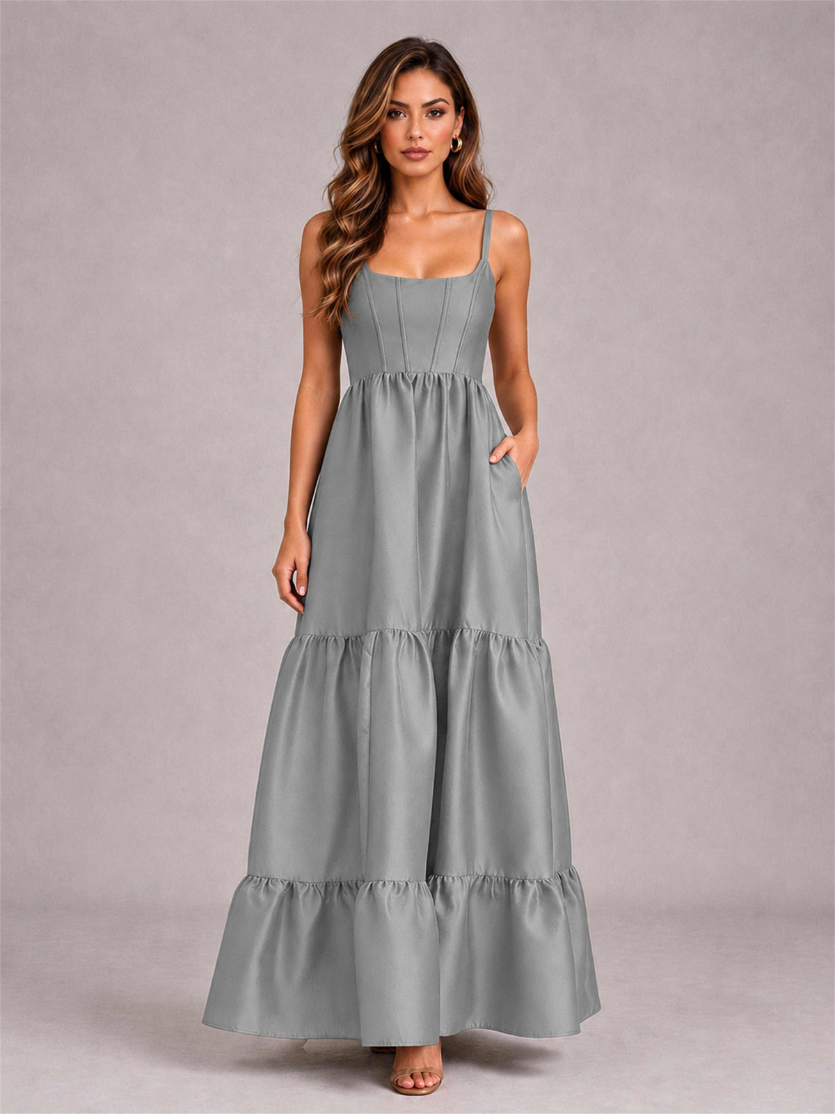 Square Neck A-Line Spaghetti Straps Satin Sleeveless Floor-Length Wedding Guest Dress