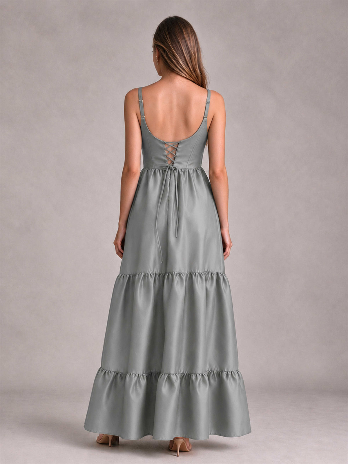Square Neck A-Line Spaghetti Straps Satin Sleeveless Floor-Length Wedding Guest Dress