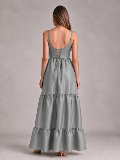 Square Neck A-Line Spaghetti Straps Satin Sleeveless Floor-Length Wedding Guest Dress