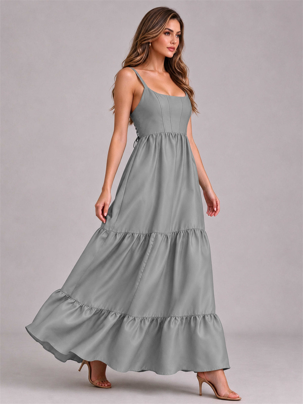 Square Neck A-Line Spaghetti Straps Satin Sleeveless Floor-Length Wedding Guest Dress