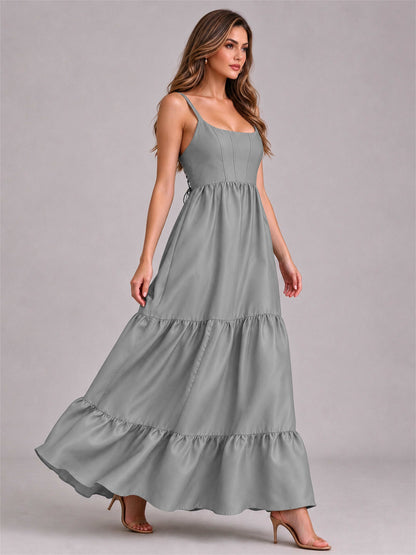 Square Neck A-Line Spaghetti Straps Satin Sleeveless Floor-Length Wedding Guest Dress