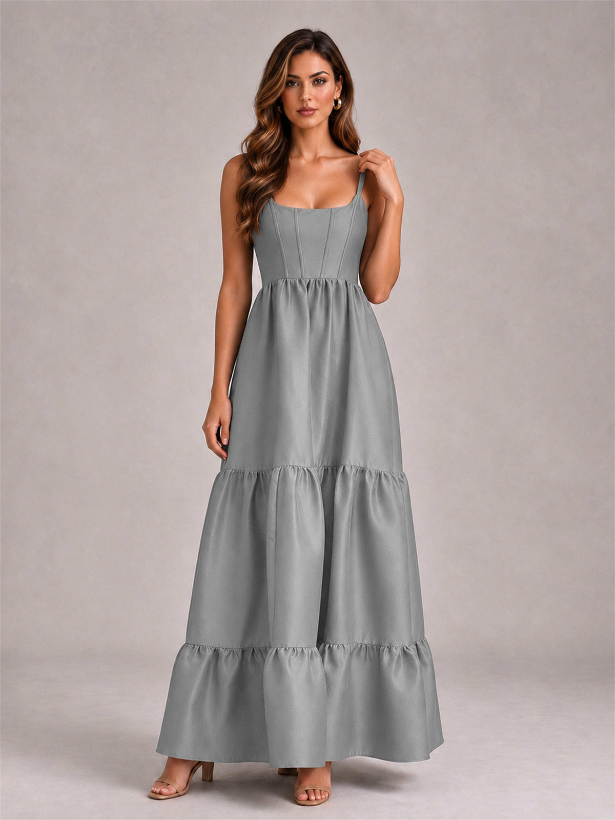Square Neck A-Line Spaghetti Straps Satin Sleeveless Floor-Length Wedding Guest Dress