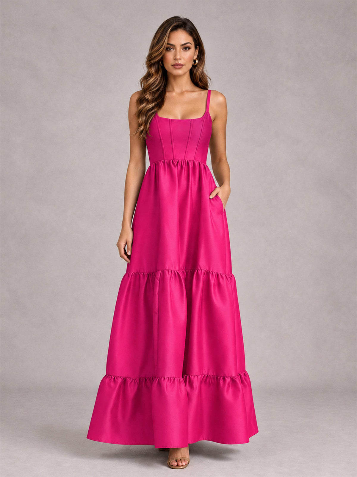 Square Neck A-Line Spaghetti Straps Satin Sleeveless Floor-Length Wedding Guest Dress