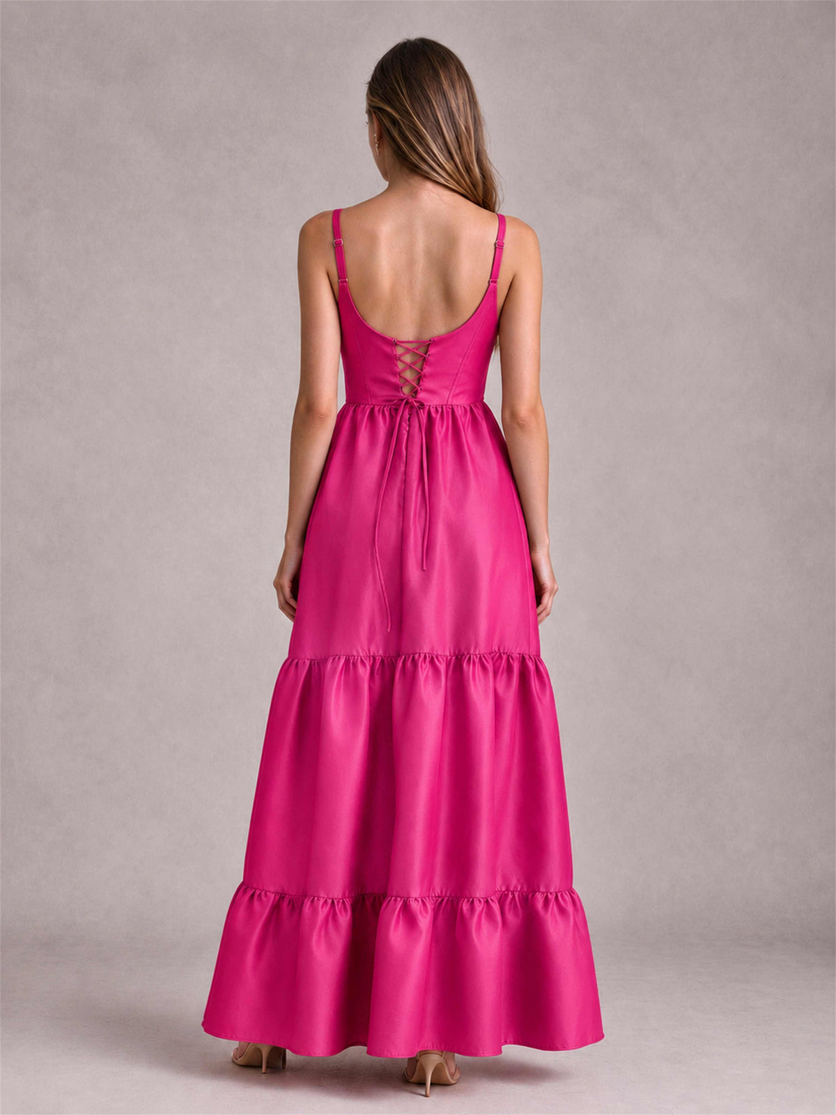 Square Neck A-Line Spaghetti Straps Satin Sleeveless Floor-Length Wedding Guest Dress
