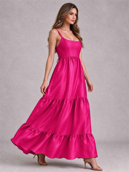 Square Neck A-Line Spaghetti Straps Satin Sleeveless Floor-Length Wedding Guest Dress