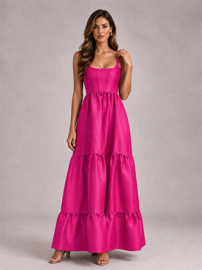 Square Neck A-Line Spaghetti Straps Satin Sleeveless Floor-Length Wedding Guest Dress