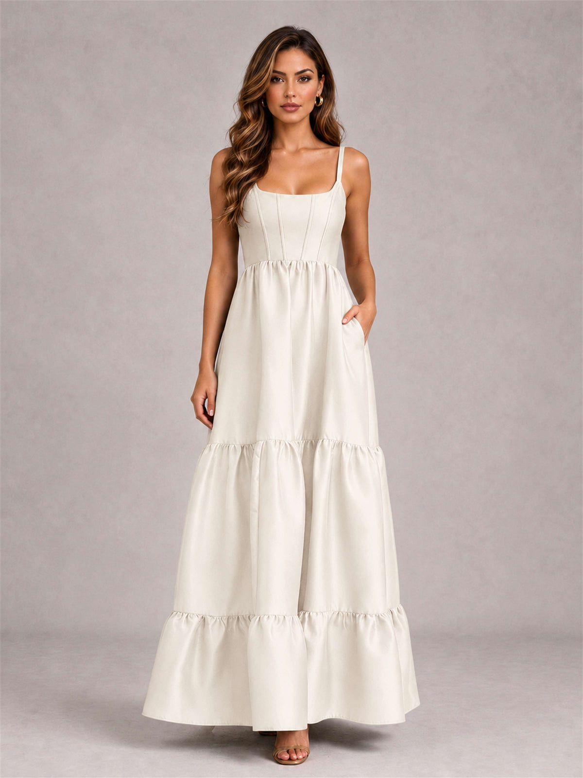 Square Neck A-Line Spaghetti Straps Satin Sleeveless Floor-Length Wedding Guest Dress