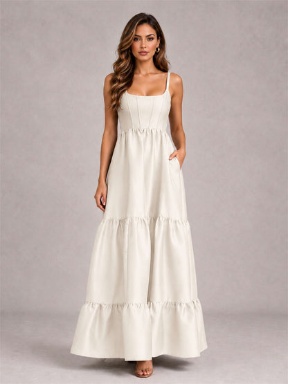 Square Neck A-Line Spaghetti Straps Satin Sleeveless Floor-Length Wedding Guest Dress