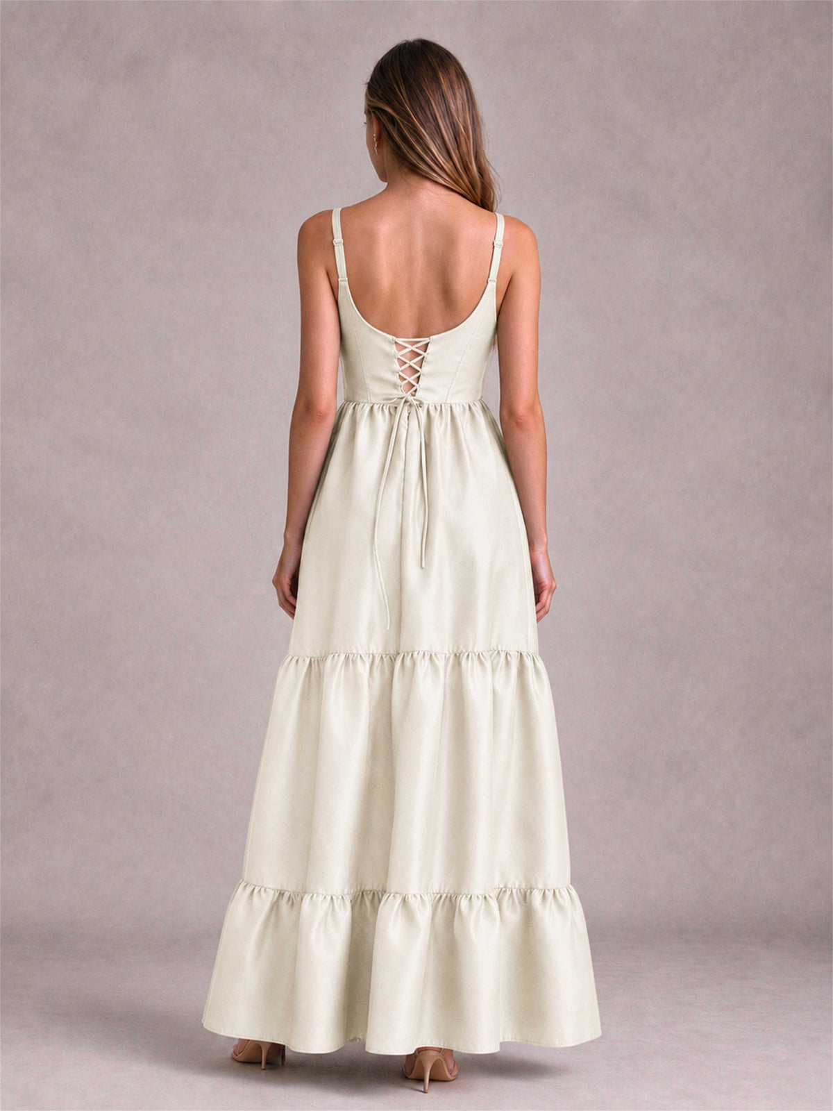 Square Neck A-Line Spaghetti Straps Satin Sleeveless Floor-Length Wedding Guest Dress