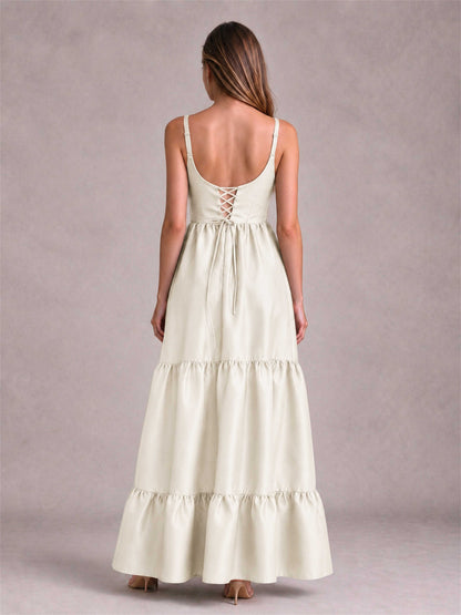 Square Neck A-Line Spaghetti Straps Satin Sleeveless Floor-Length Wedding Guest Dress