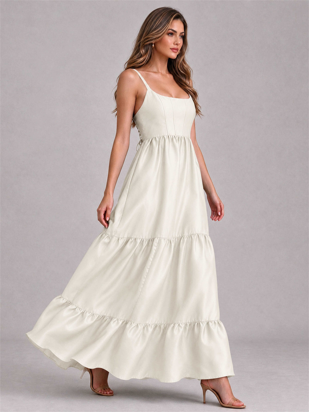 Square Neck A-Line Spaghetti Straps Satin Sleeveless Floor-Length Wedding Guest Dress
