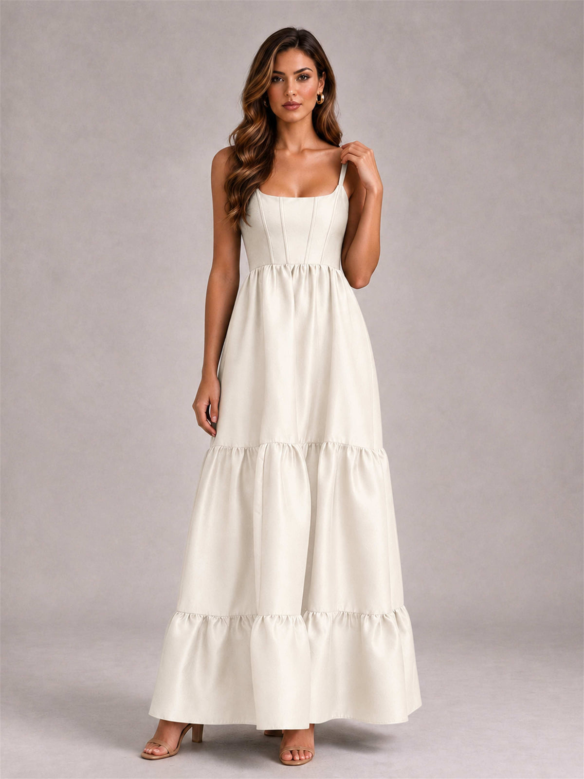 Square Neck A-Line Spaghetti Straps Satin Sleeveless Floor-Length Wedding Guest Dress
