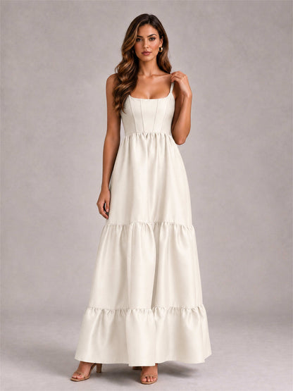 Square Neck A-Line Spaghetti Straps Satin Sleeveless Floor-Length Wedding Guest Dress