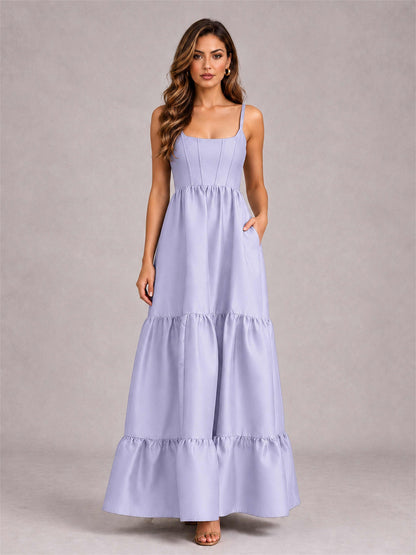 Square Neck A-Line Spaghetti Straps Satin Sleeveless Floor-Length Wedding Guest Dress