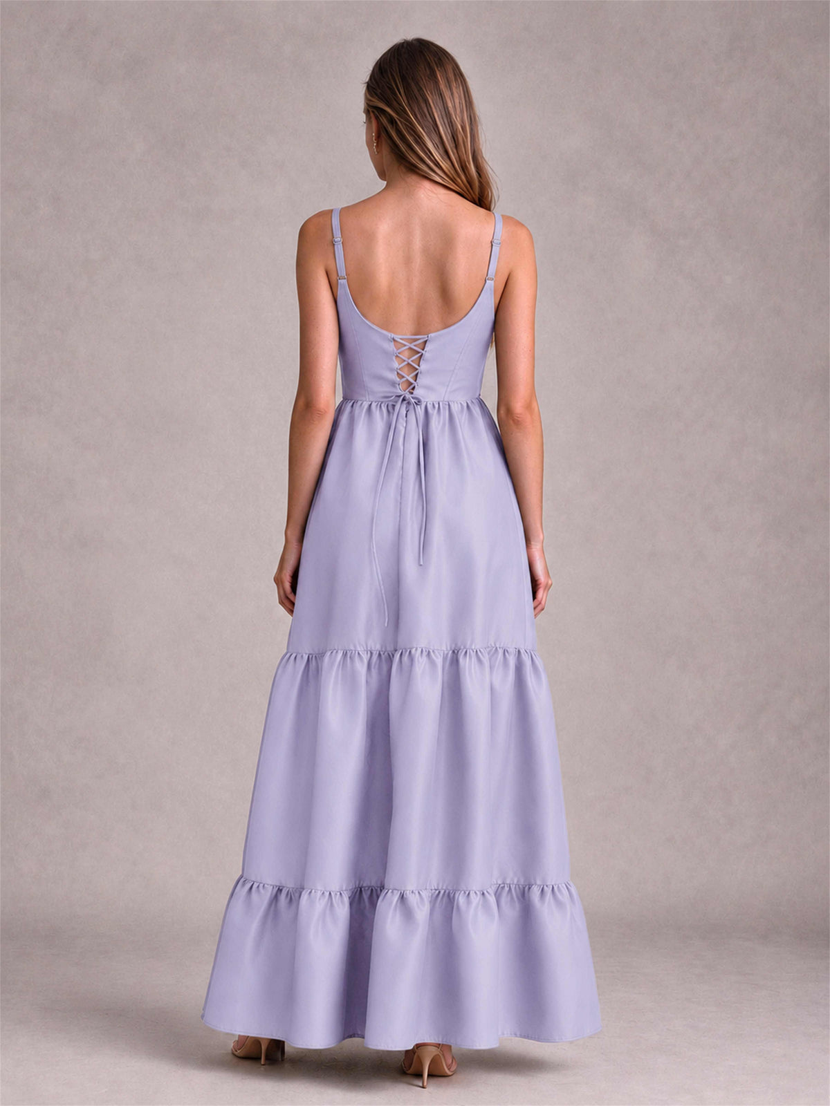 Square Neck A-Line Spaghetti Straps Satin Sleeveless Floor-Length Wedding Guest Dress