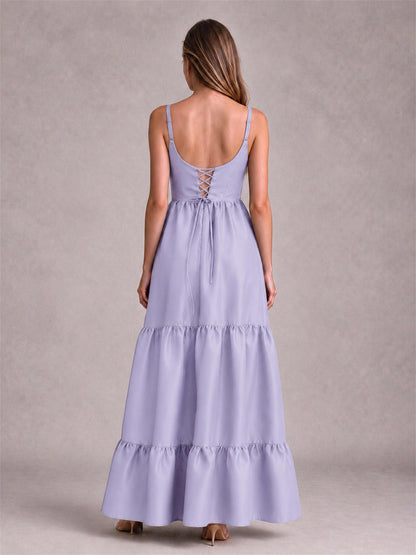 Square Neck A-Line Spaghetti Straps Satin Sleeveless Floor-Length Wedding Guest Dress