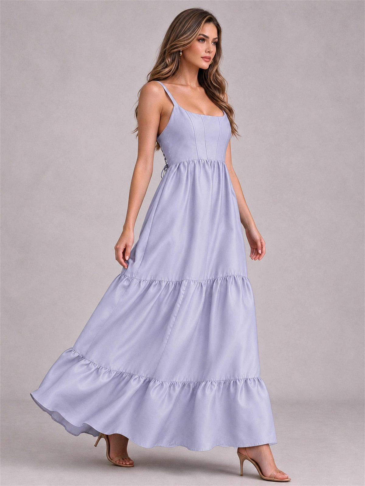 Square Neck A-Line Spaghetti Straps Satin Sleeveless Floor-Length Wedding Guest Dress