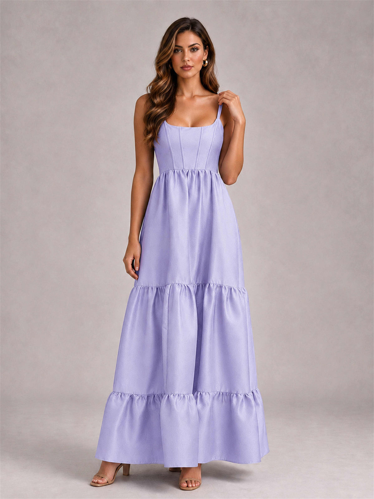 Square Neck A-Line Spaghetti Straps Satin Sleeveless Floor-Length Wedding Guest Dress