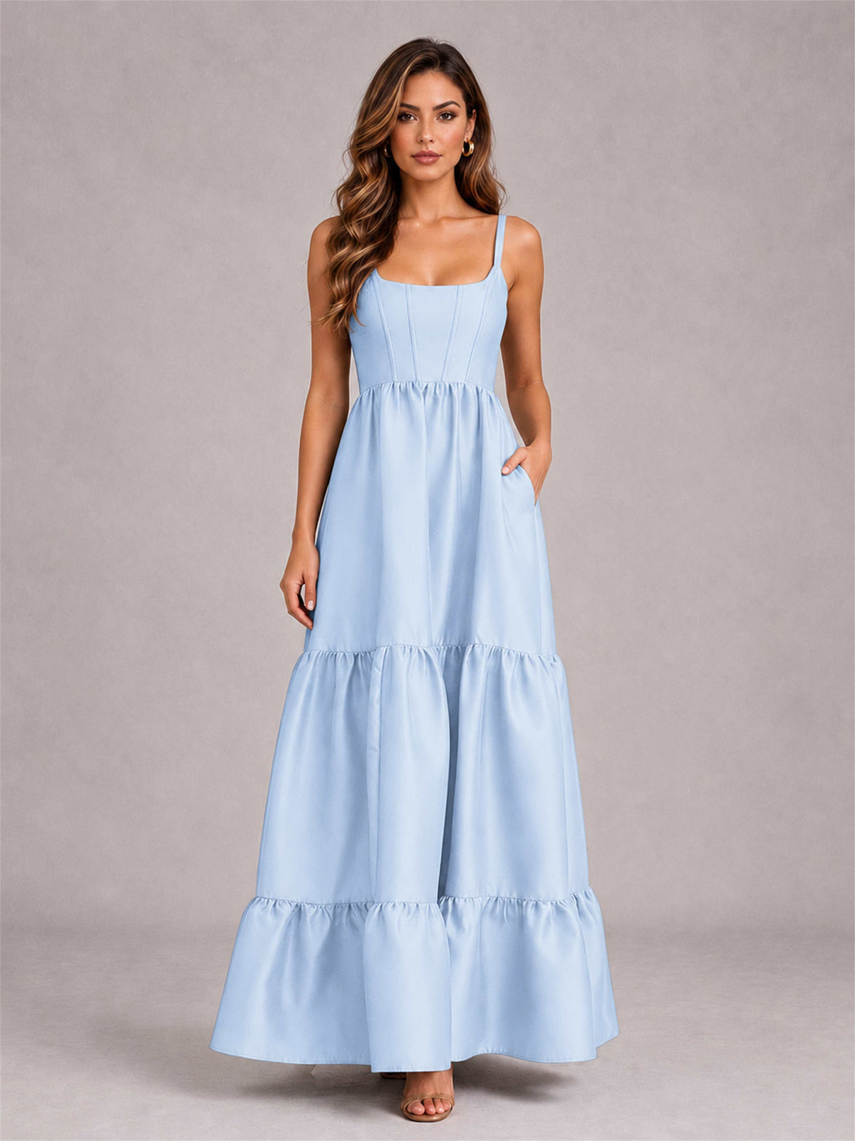 Square Neck A-Line Spaghetti Straps Satin Sleeveless Floor-Length Wedding Guest Dress
