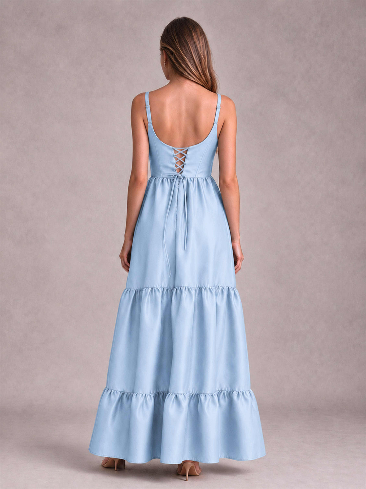 Square Neck A-Line Spaghetti Straps Satin Sleeveless Floor-Length Wedding Guest Dress