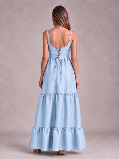 Square Neck A-Line Spaghetti Straps Satin Sleeveless Floor-Length Wedding Guest Dress