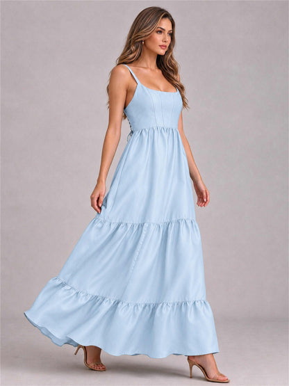 Square Neck A-Line Spaghetti Straps Satin Sleeveless Floor-Length Wedding Guest Dress