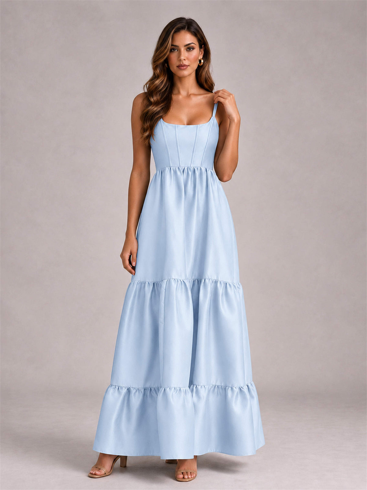 Square Neck A-Line Spaghetti Straps Satin Sleeveless Floor-Length Wedding Guest Dress