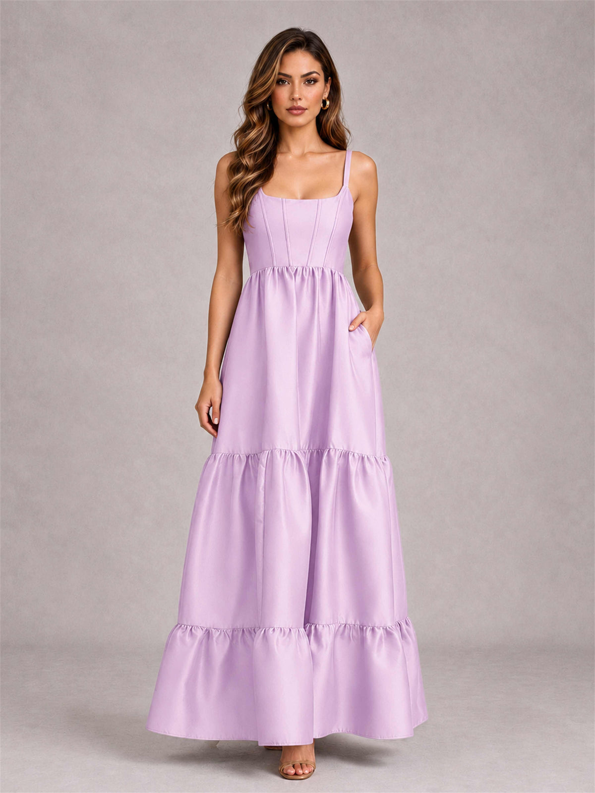 Square Neck A-Line Spaghetti Straps Satin Sleeveless Floor-Length Wedding Guest Dress