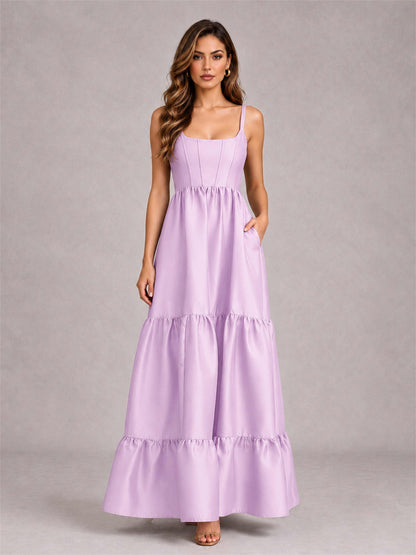 Square Neck A-Line Spaghetti Straps Satin Sleeveless Floor-Length Wedding Guest Dress