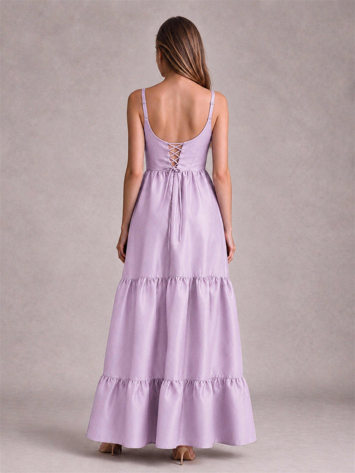 Square Neck A-Line Spaghetti Straps Satin Sleeveless Floor-Length Wedding Guest Dress