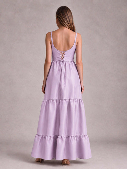 Square Neck A-Line Spaghetti Straps Satin Sleeveless Floor-Length Wedding Guest Dress
