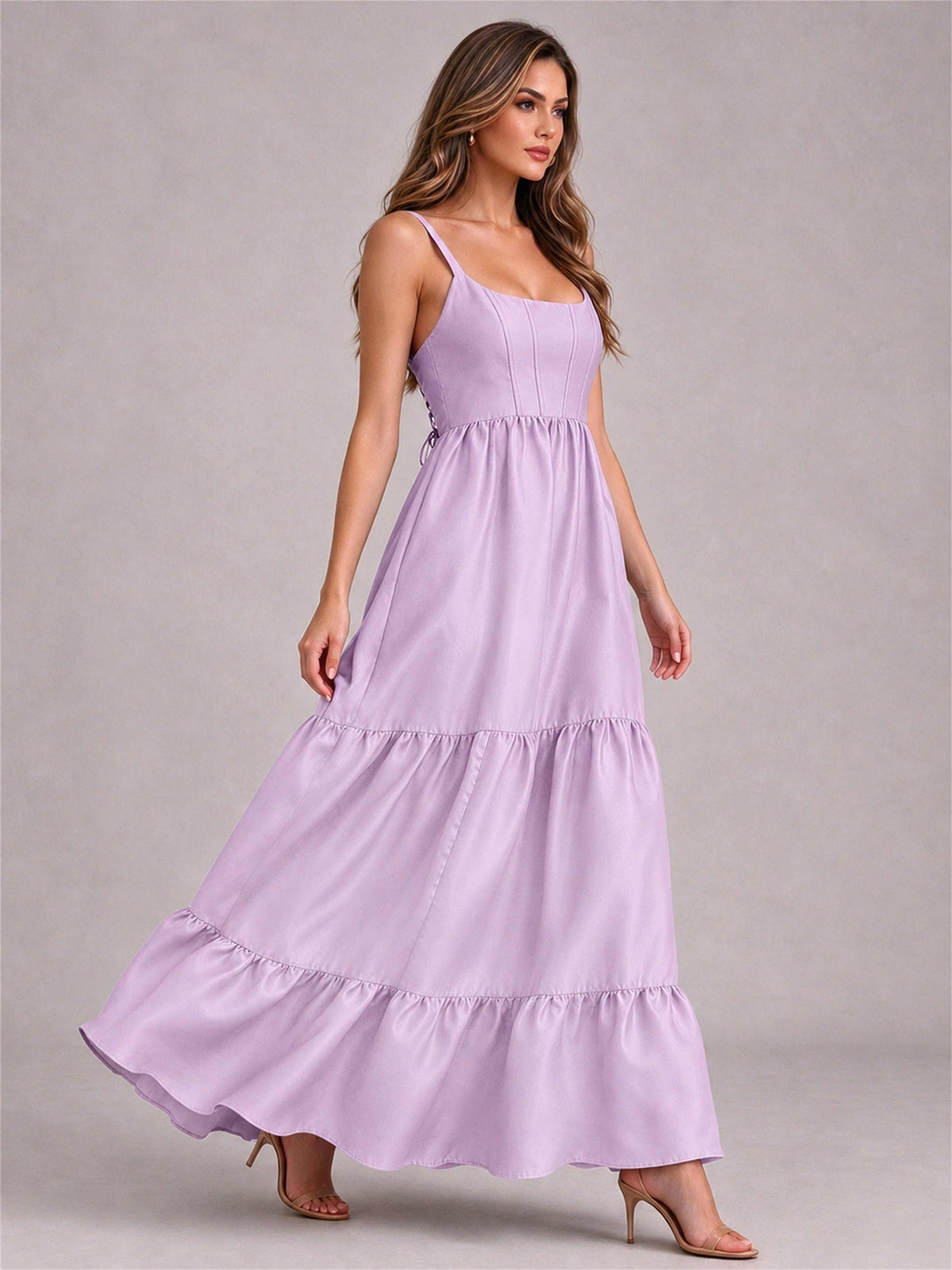 Square Neck A-Line Spaghetti Straps Satin Sleeveless Floor-Length Wedding Guest Dress