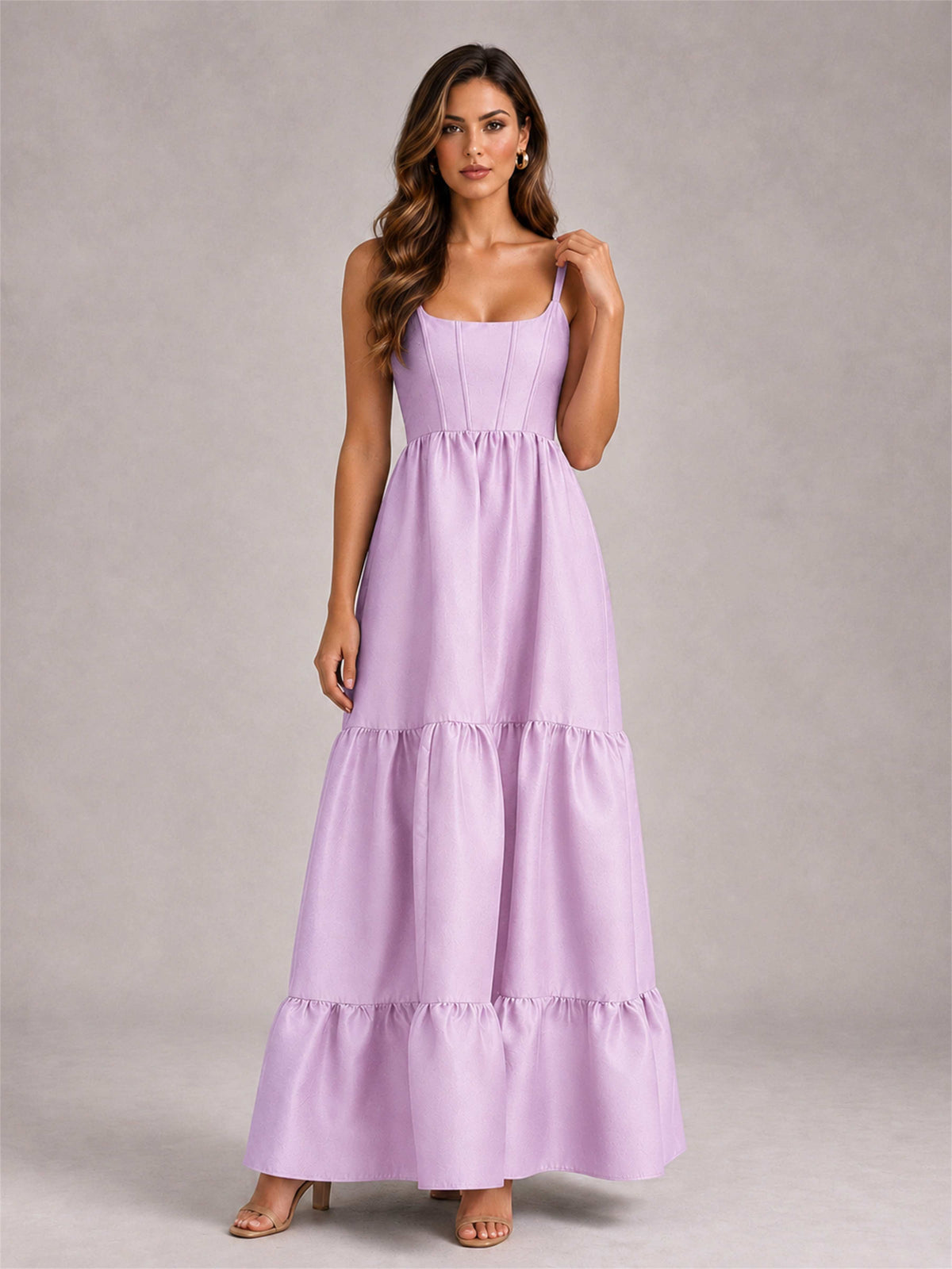Square Neck A-Line Spaghetti Straps Satin Sleeveless Floor-Length Wedding Guest Dress