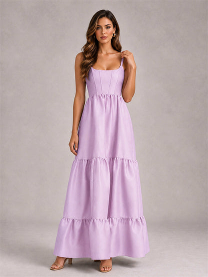 Square Neck A-Line Spaghetti Straps Satin Sleeveless Floor-Length Wedding Guest Dress