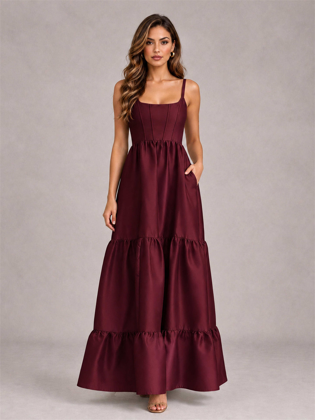Square Neck A-Line Spaghetti Straps Satin Sleeveless Floor-Length Wedding Guest Dress