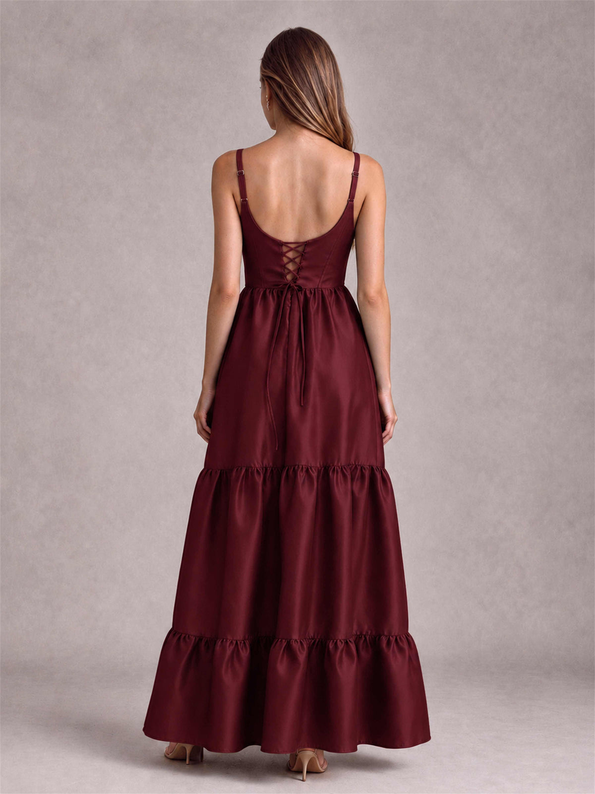 Square Neck A-Line Spaghetti Straps Satin Sleeveless Floor-Length Wedding Guest Dress